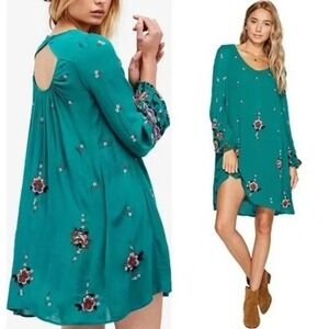 Free People Oxford Mini‎ Dress L Green Embroidered Open Back Boho Festival Chic